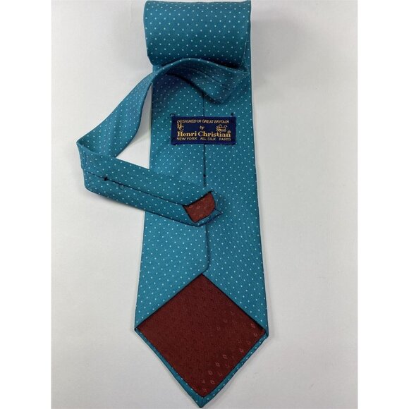 Henri Christian Mens NeckTie Teal with minature Grey Polka Dot Silk - Picture 2 of 5